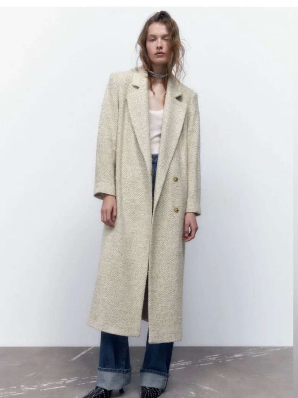 Zara Herringbone Textured Long Coat Double-Breasted Ecru
